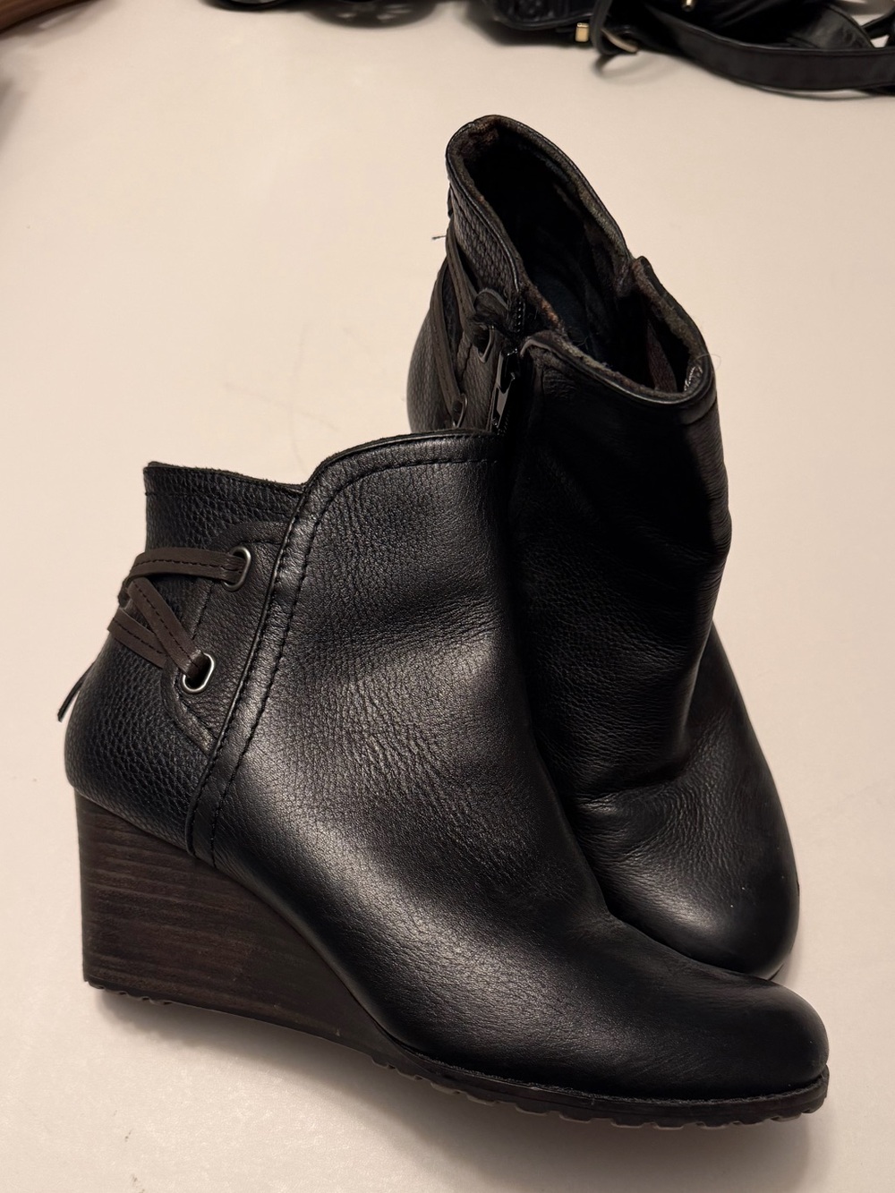 Women's Black Leather Wedge Ankle Boots - Casual Chic